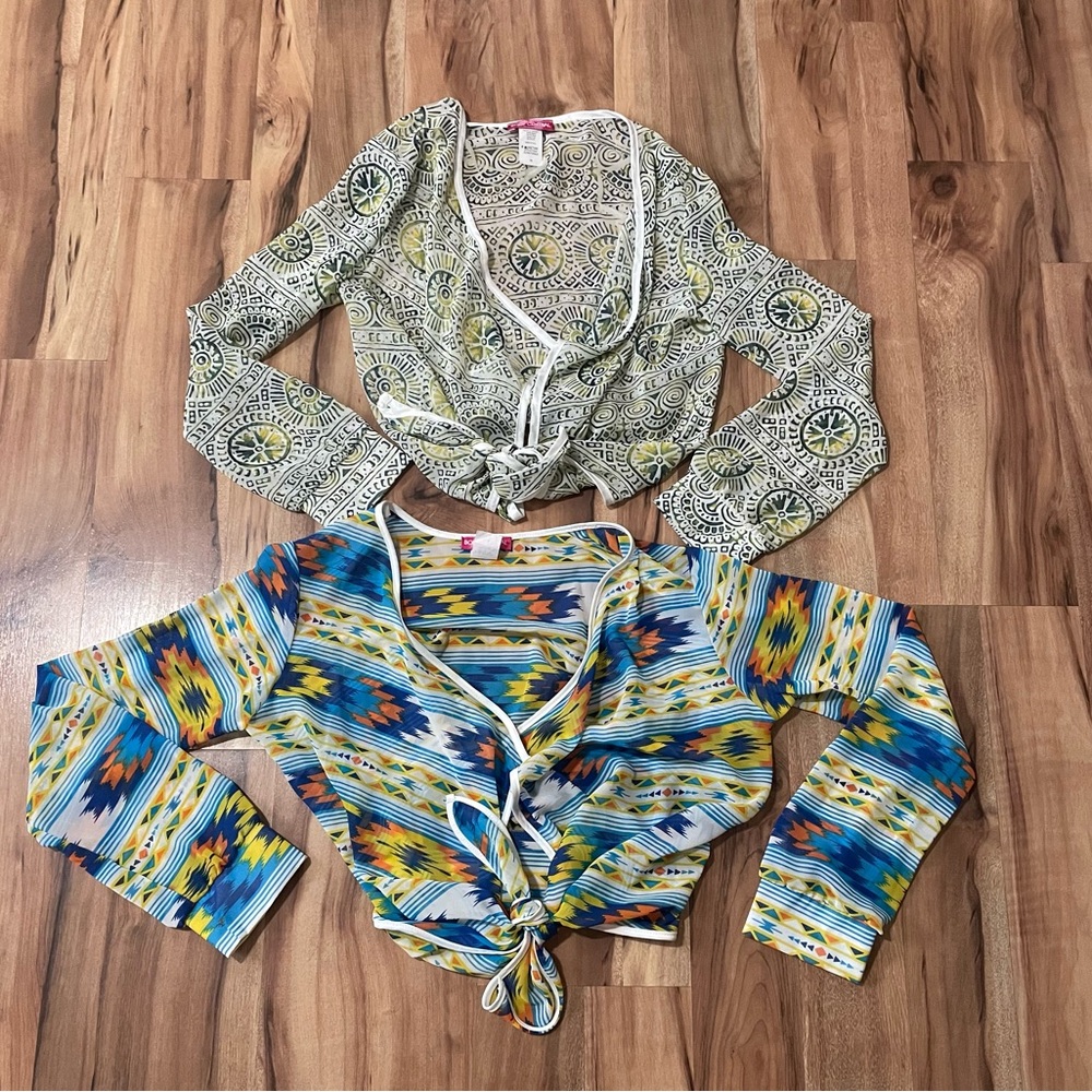 Bundle of (2) Body Central multi-colored, semi-sheer open front cardigan blouses